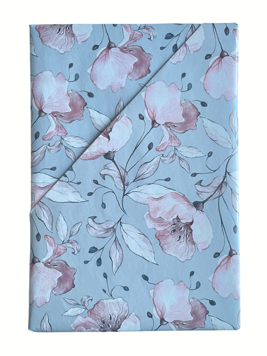 Blue notebook with white text on a white background