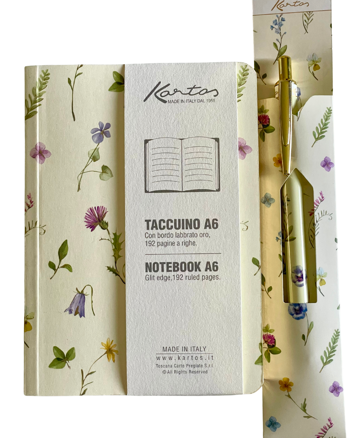 Kentas Taccuino A6 notebook with a cream floral cover, shown with its central paper sleeve and a gold pen in a matching floral box.