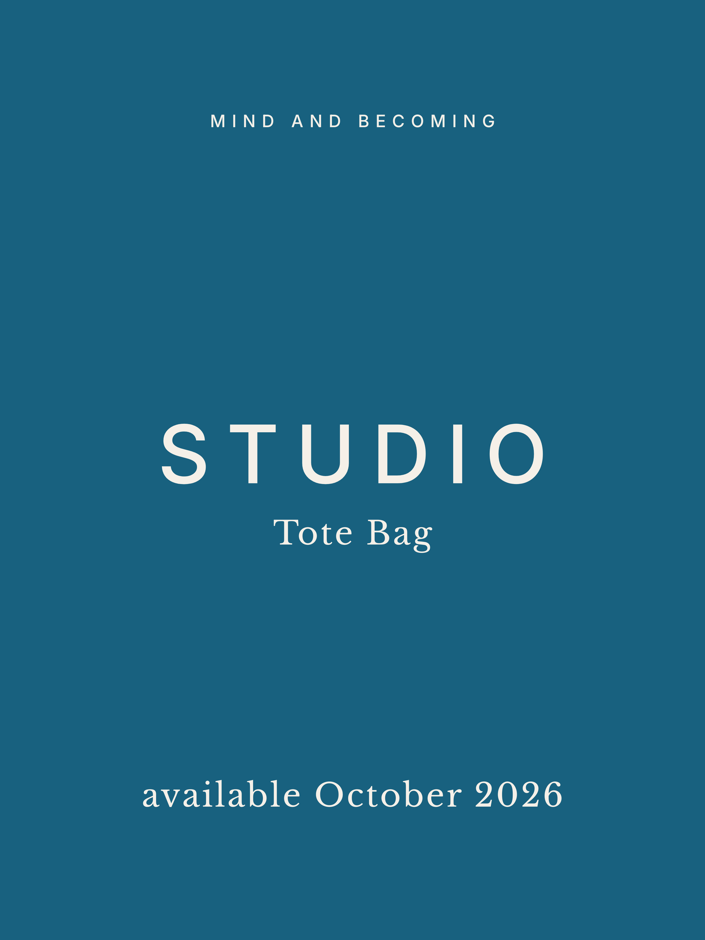 Promotional graphic for 'Studio' Tote Bag with a blue background and white text.
