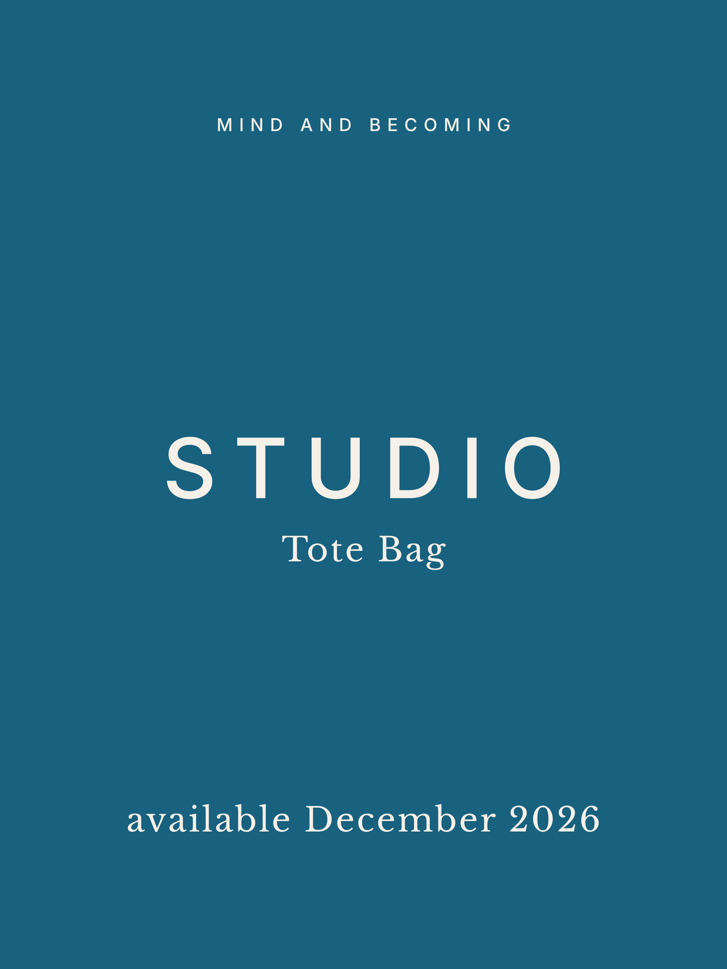 Promotional graphic for 'Studio' Tote Bag with a blue background and white text.