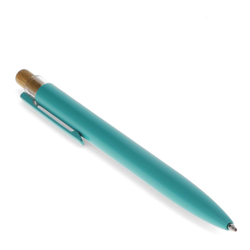 Teal pen with gold cap on a white background