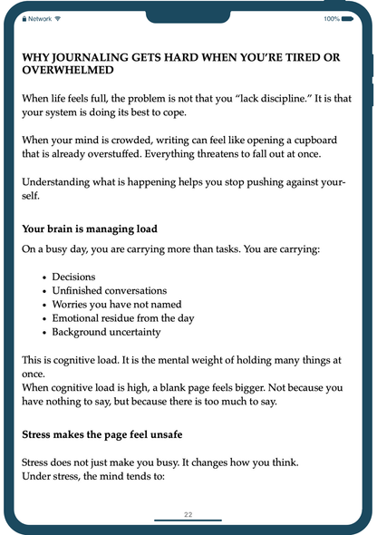 Phone screen displaying a text document about journaling and stress management.
