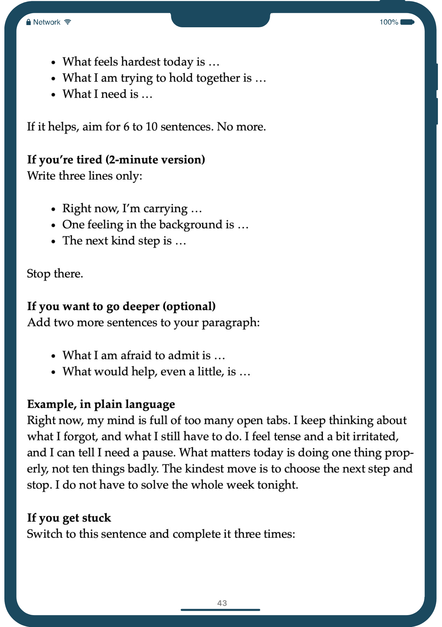 Text-based interface on a smartphone screen with self-help prompts.