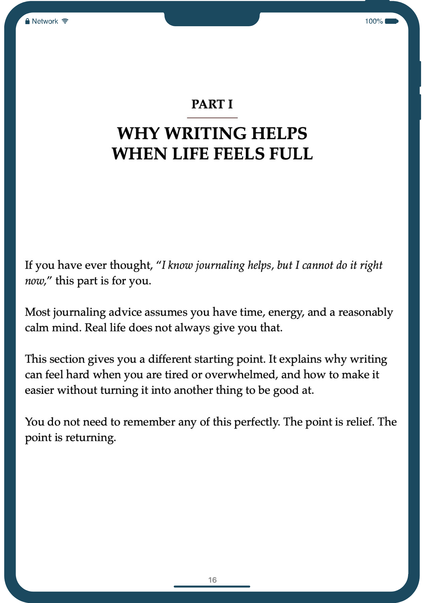 iPad displaying a book chapter on writing and life feelings