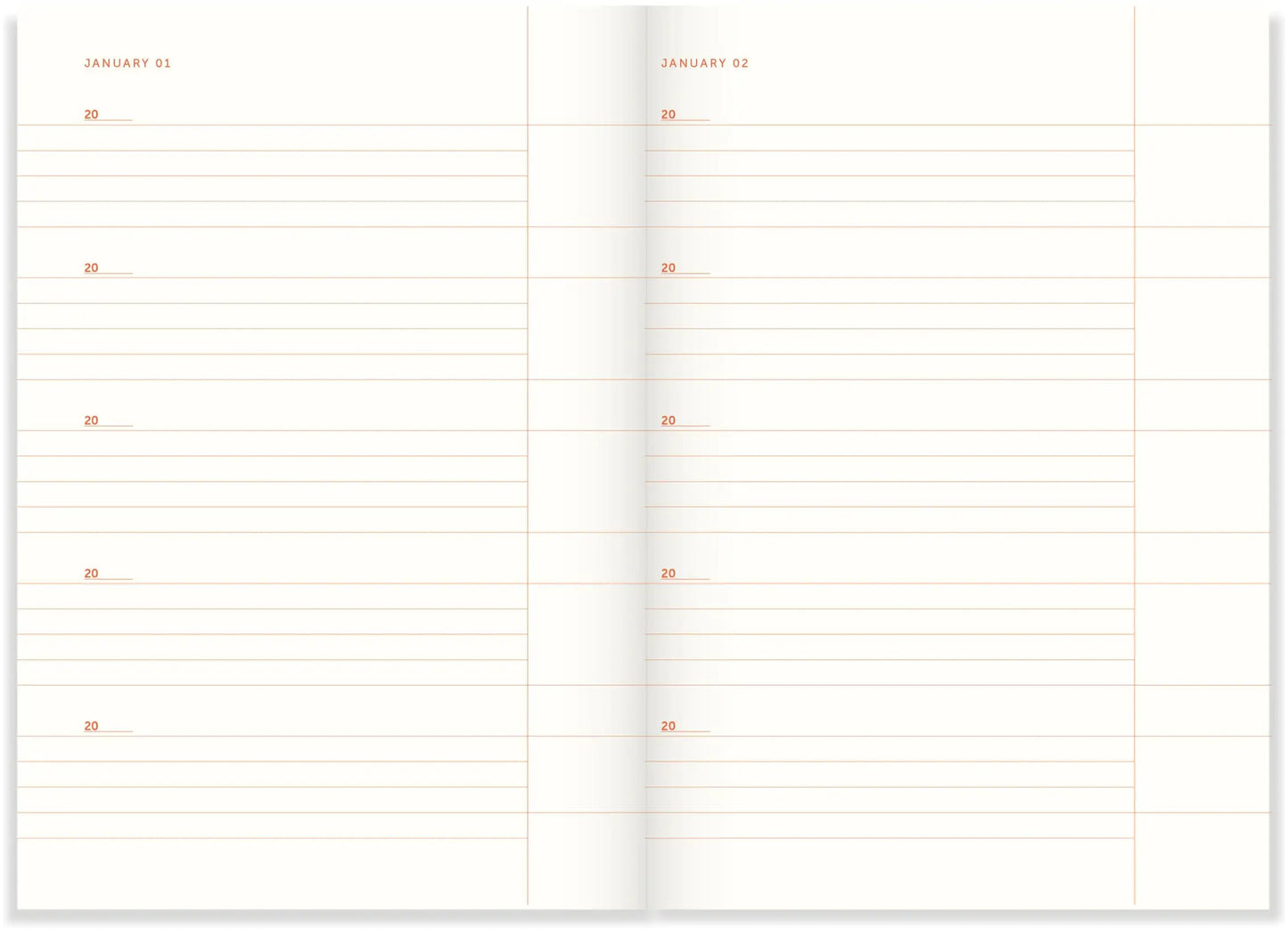 Two pages from a planner with grid lines and dates, on a white background.