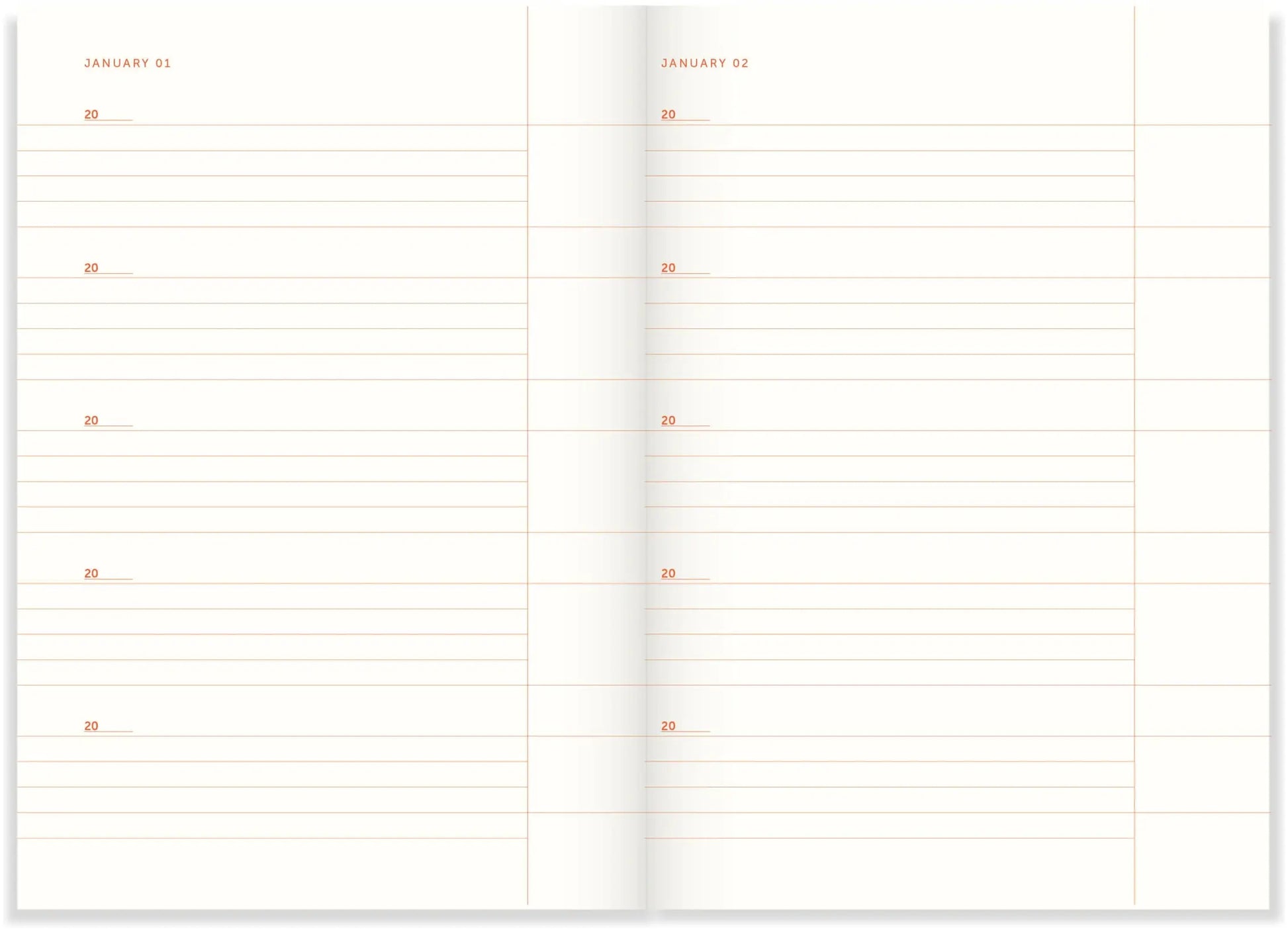 Two pages from a planner with grid lines and dates, on a white background.