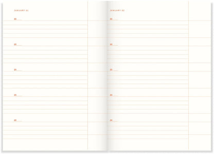 Two pages from a planner with grid lines and dates, on a white background.