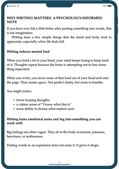 Screen of a smartphone displaying a psychology-informed note about the benefits of writing.