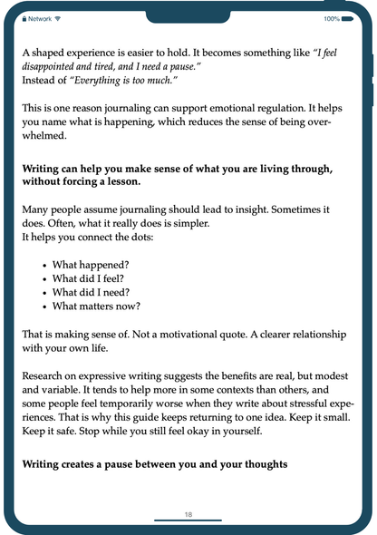 Text on a smartphone screen discussing the benefits of journaling for emotional regulation.
