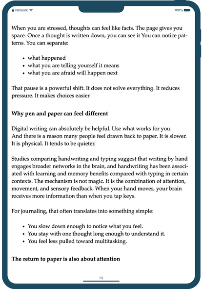 Text on a tablet screen discussing the benefits of writing by hand over digital means.