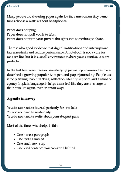 Text on a smartphone screen discussing the benefits of paper over digital devices.