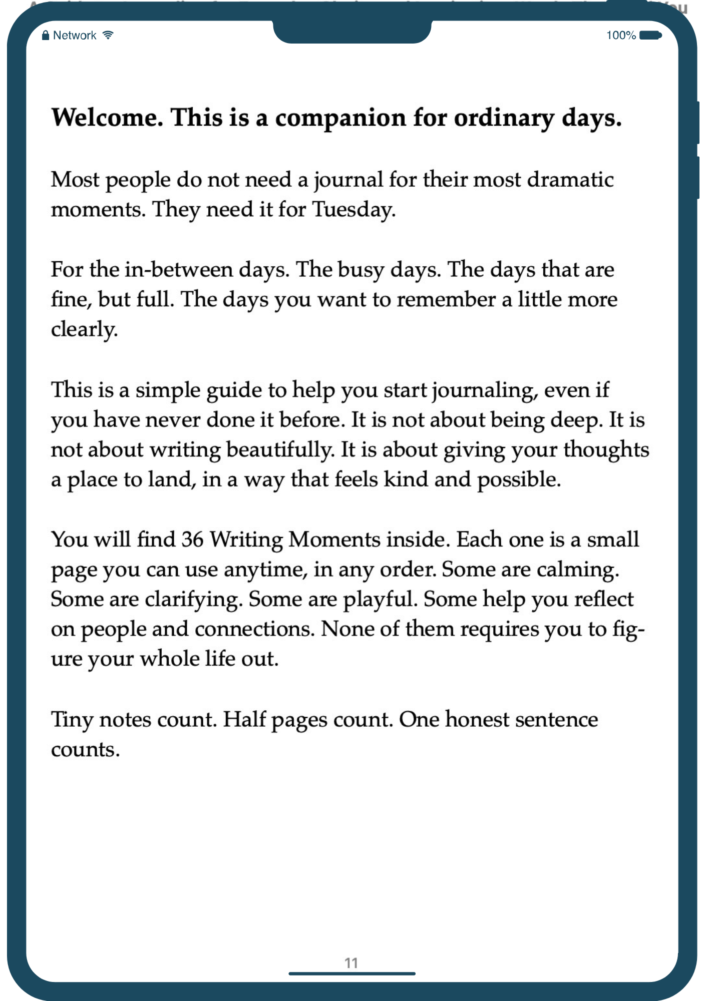 Text on a screen displaying a guide for journaling on a digital device.