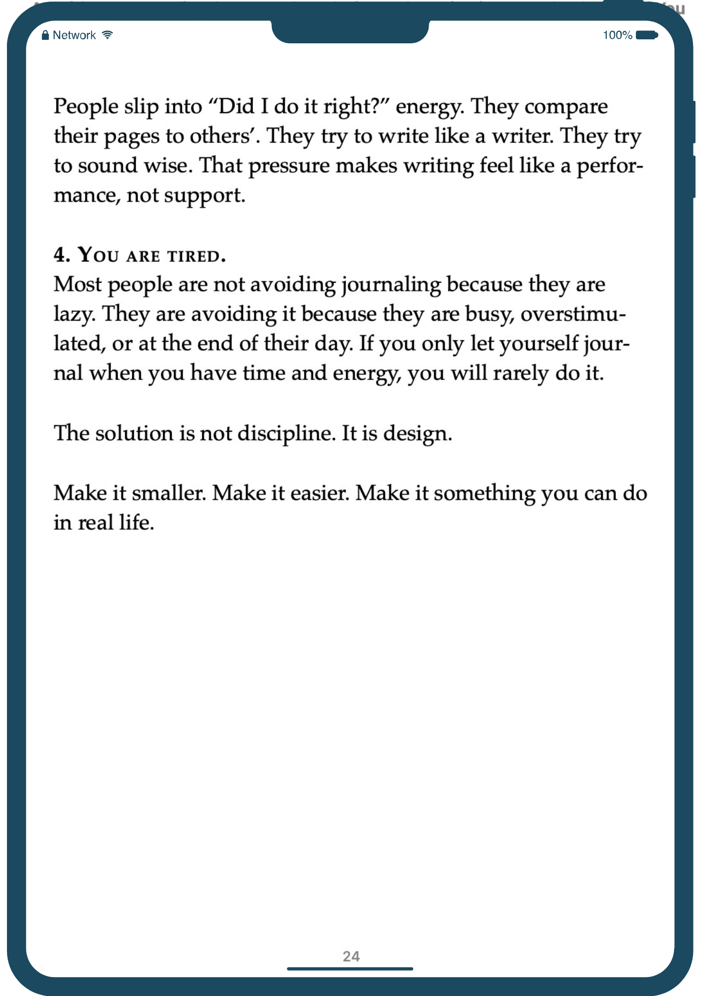 Text on a digital device explaining why journaling is design