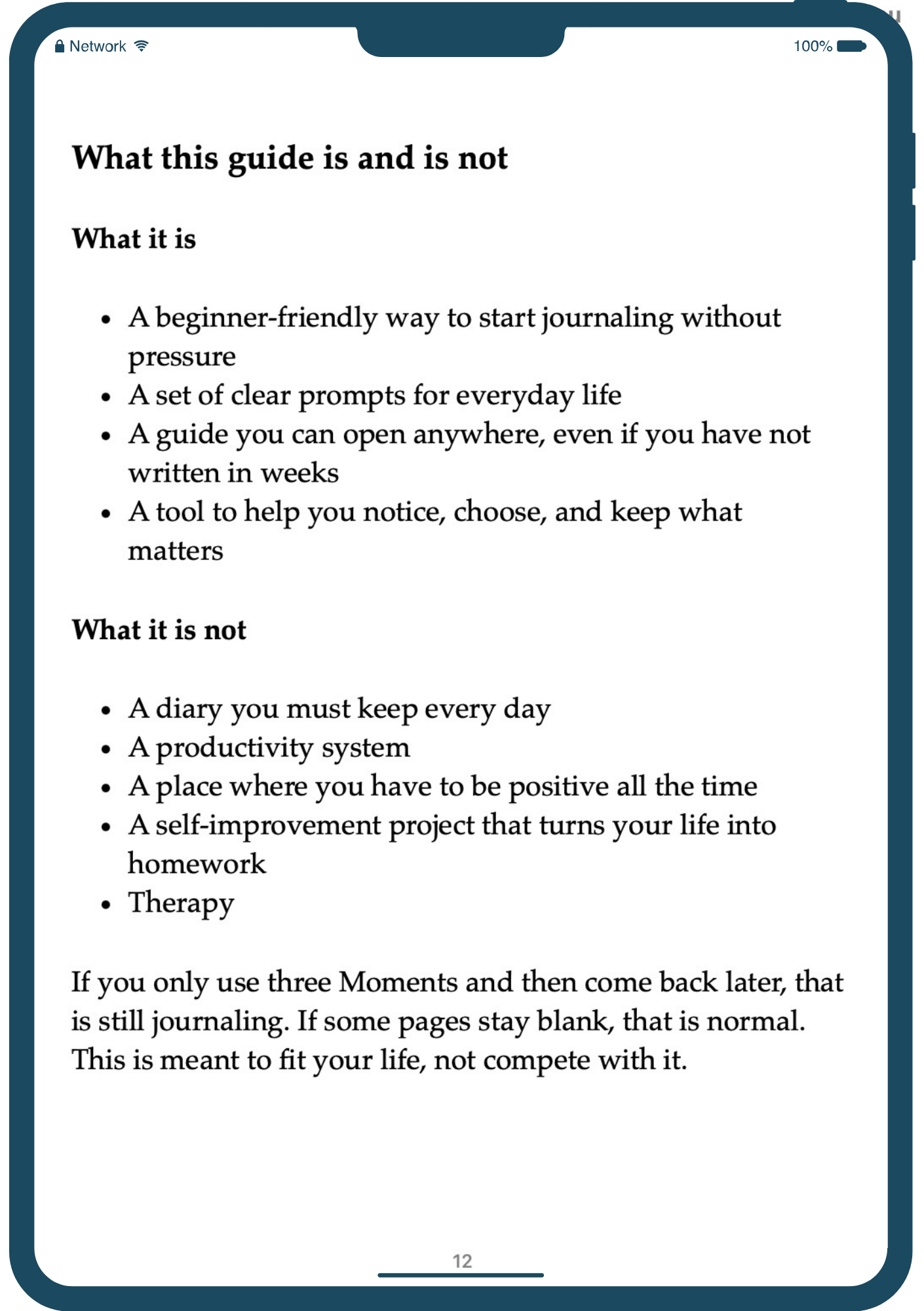 Screen of a digital document on a tablet device with text about a journaling guide.