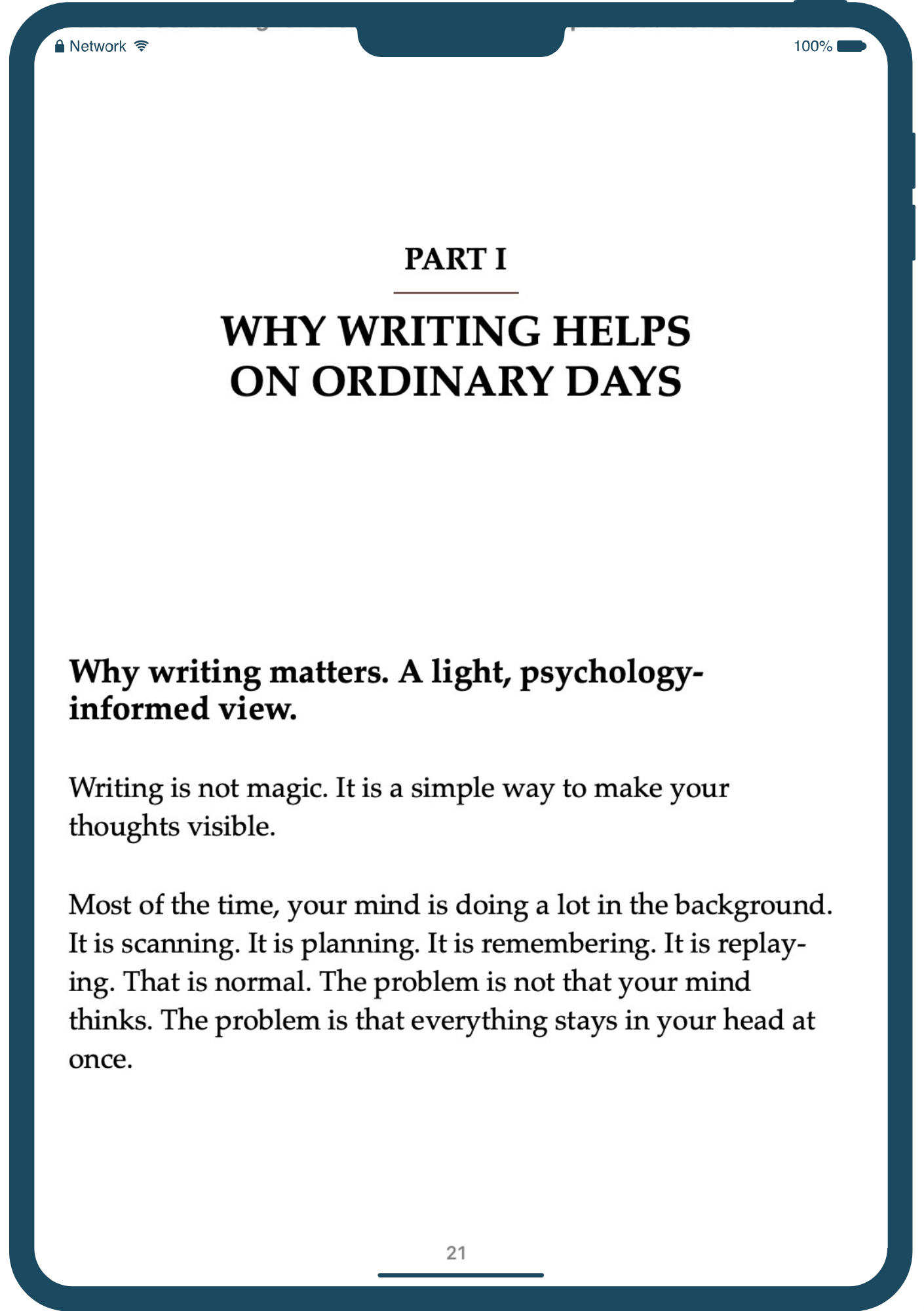 iPad displaying a book chapter on writing and psychology