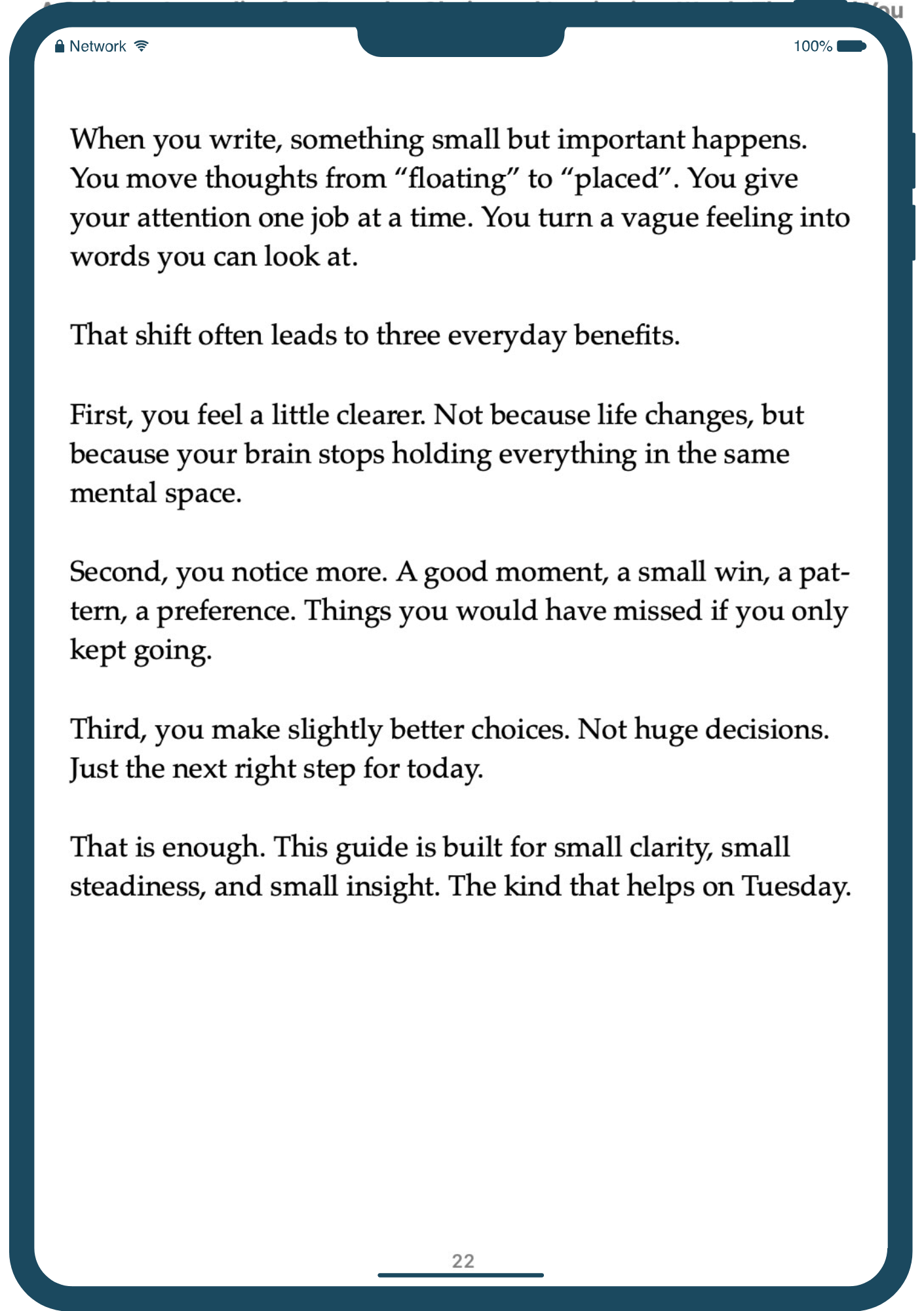 Text on a digital device explaining the benefits of journaling