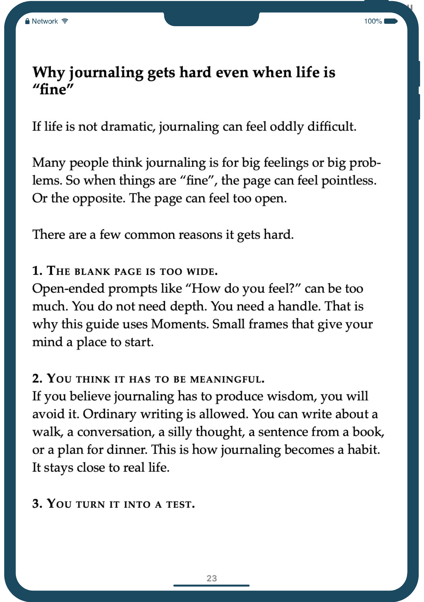 Text on a digital device screen about journaling and its challenges.