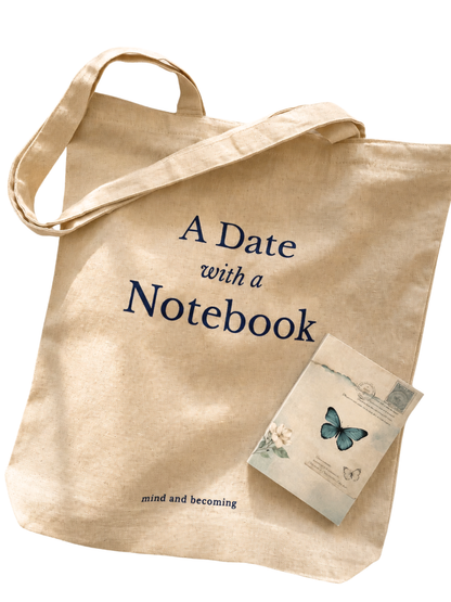 Beige tote bag with 'A Date with a Notebook' text and a notebook with a butterfly design.