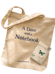 Beige tote bag with 'A Date with a Notebook' text and a notebook with a butterfly design.
