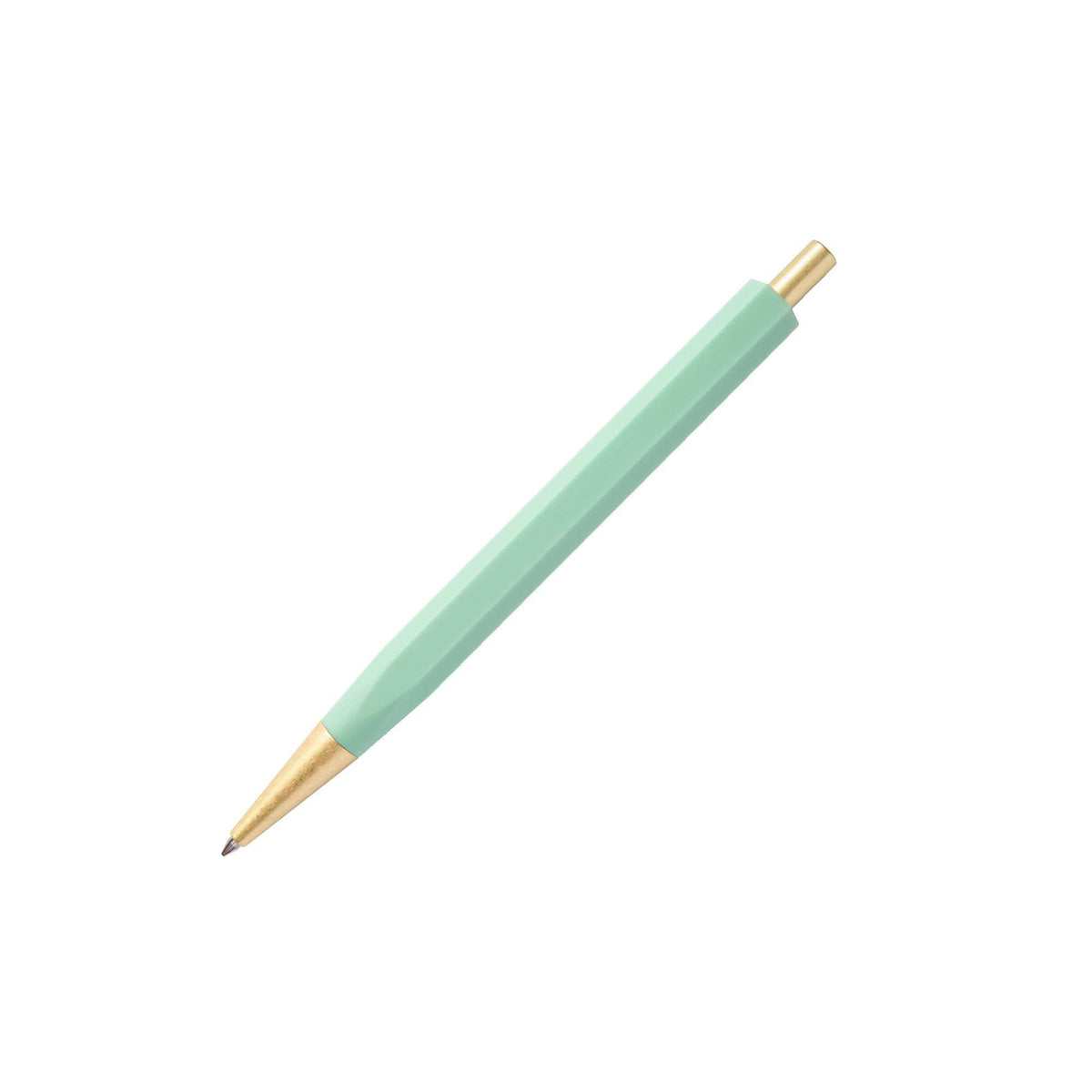 Mint green pen with gold accents on a white background