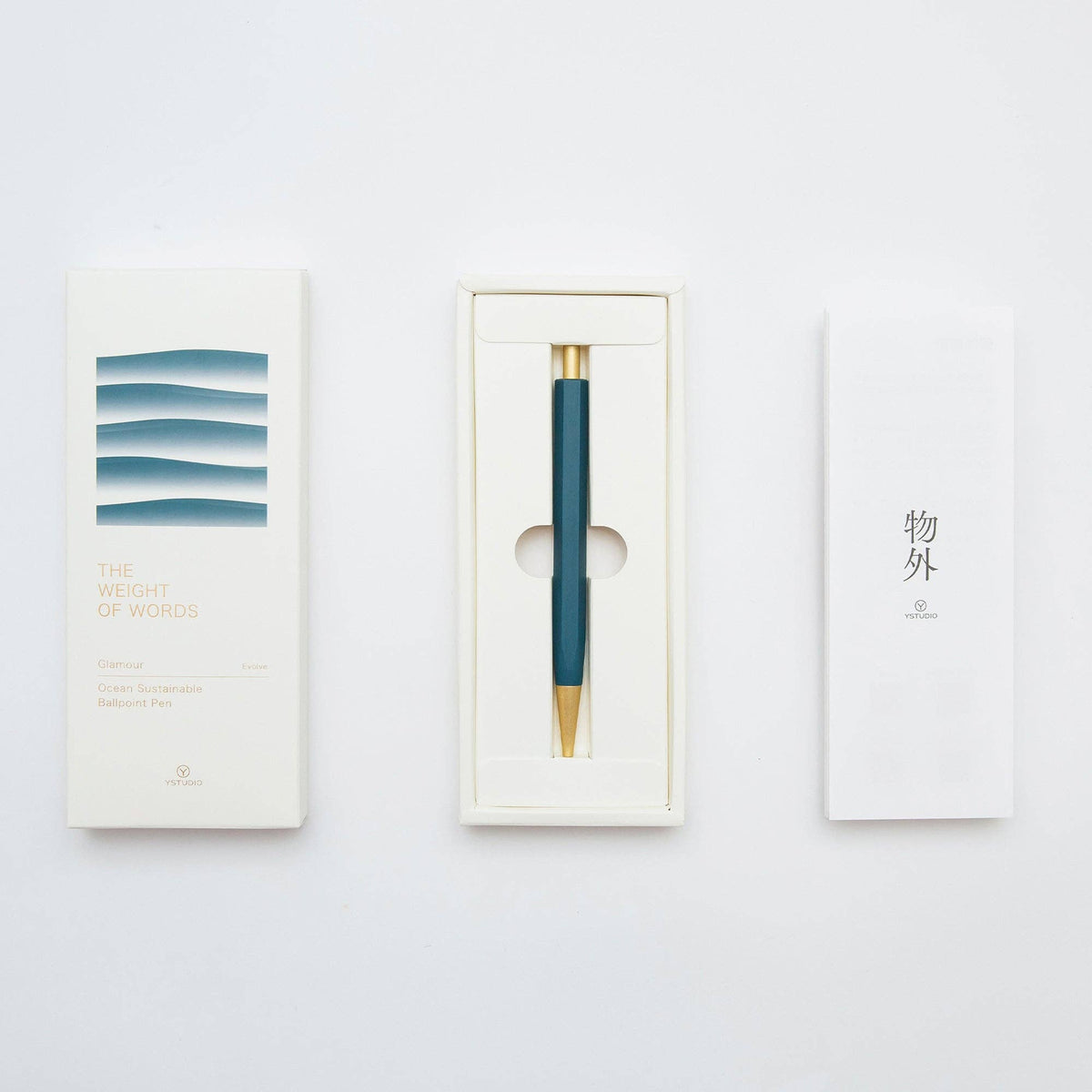 Blue pen with gold accent in a white box on a light gray background