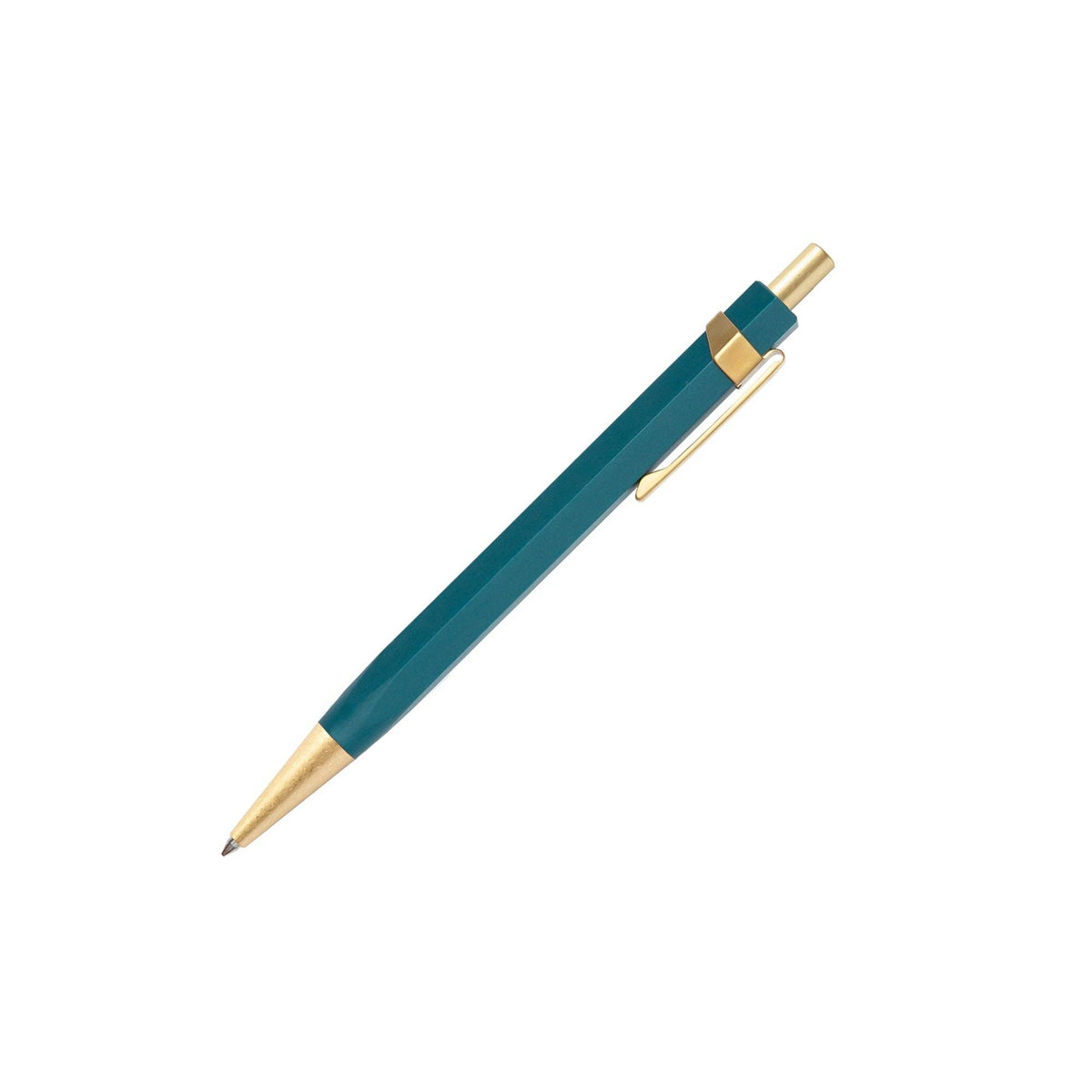 Teal pen with gold accents on a white background