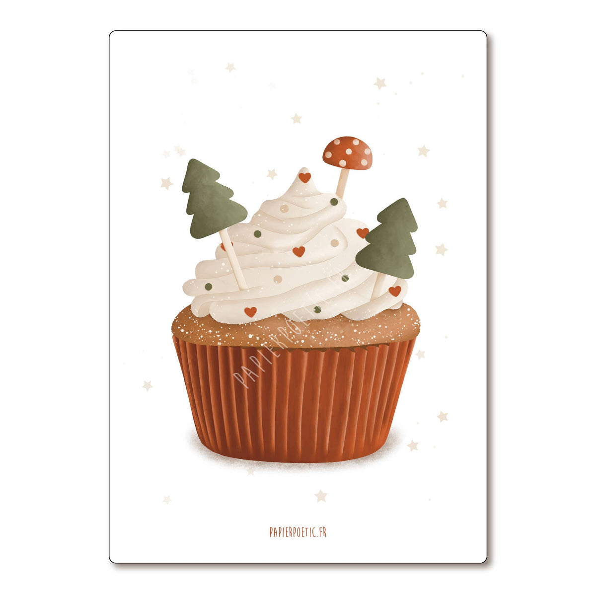 A vertical art print featuring a whimsical illustration of a cupcake with white frosting, decorated with two green Christmas trees, a small red-and-white mushroom topper, and tiny red hearts. The cupcake sits in a brown pleated liner.