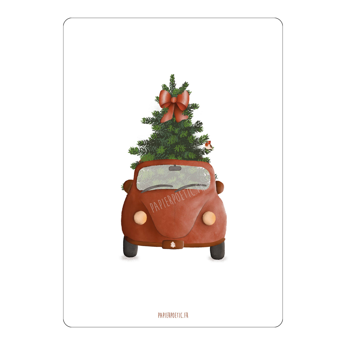 Illustration of a vintage car with a Christmas tree on a white background