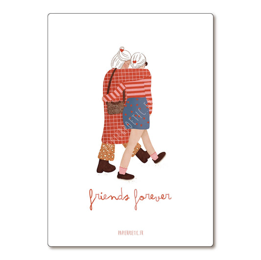Illustration of two people hugging with 'friends forever' text on a white background
