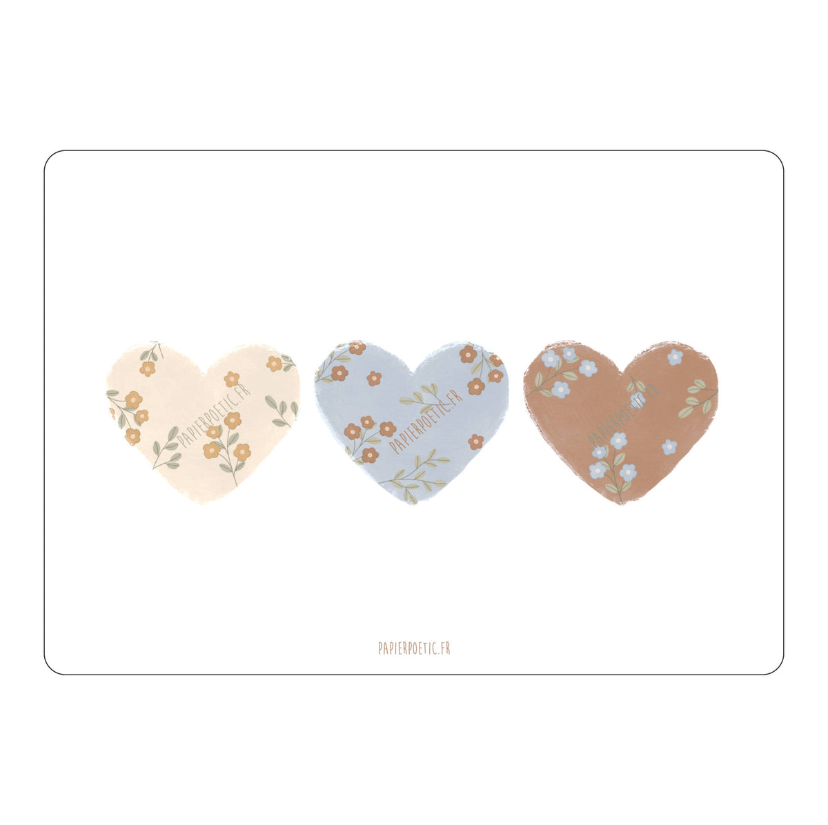 Three heart-shaped stickers with floral designs on a white background
