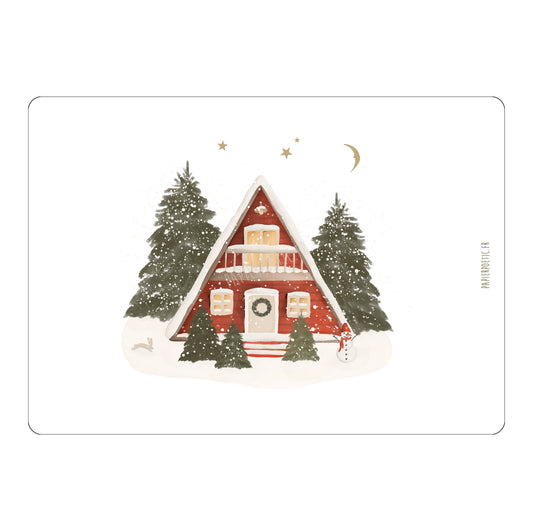 A-frame cabin in a snowy landscape with trees on a white background