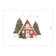 A-frame cabin in a snowy landscape with trees on a white background