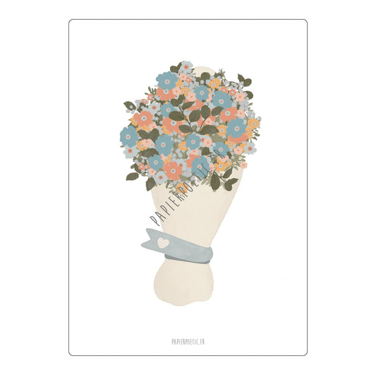 A minimalist art print featuring a bouquet of pastel blue, pink, and orange flowers wrapped in cream paper with a light blue ribbon. The print is framed by a thin gray border on a white background, with the brand name 'PAPIEROTIFLÈRE' printed at the bottom.