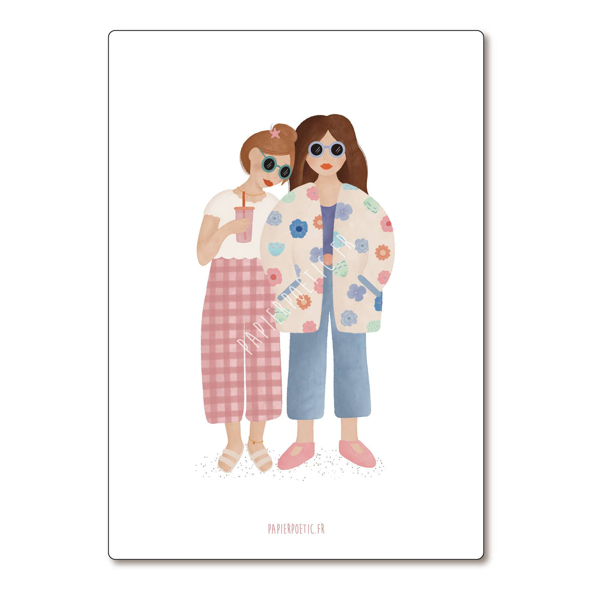 A vertical art print featuring a cute watercolor illustration of two young women standing together. The woman on the left wears a white t-shirt, pink and white gingham pants, and sunglasses, holding a drink.