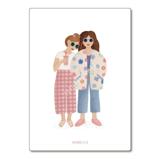 A vertical art print featuring a cute watercolor illustration of two young women standing together. The woman on the left wears a white t-shirt, pink and white gingham pants, and sunglasses, holding a drink.