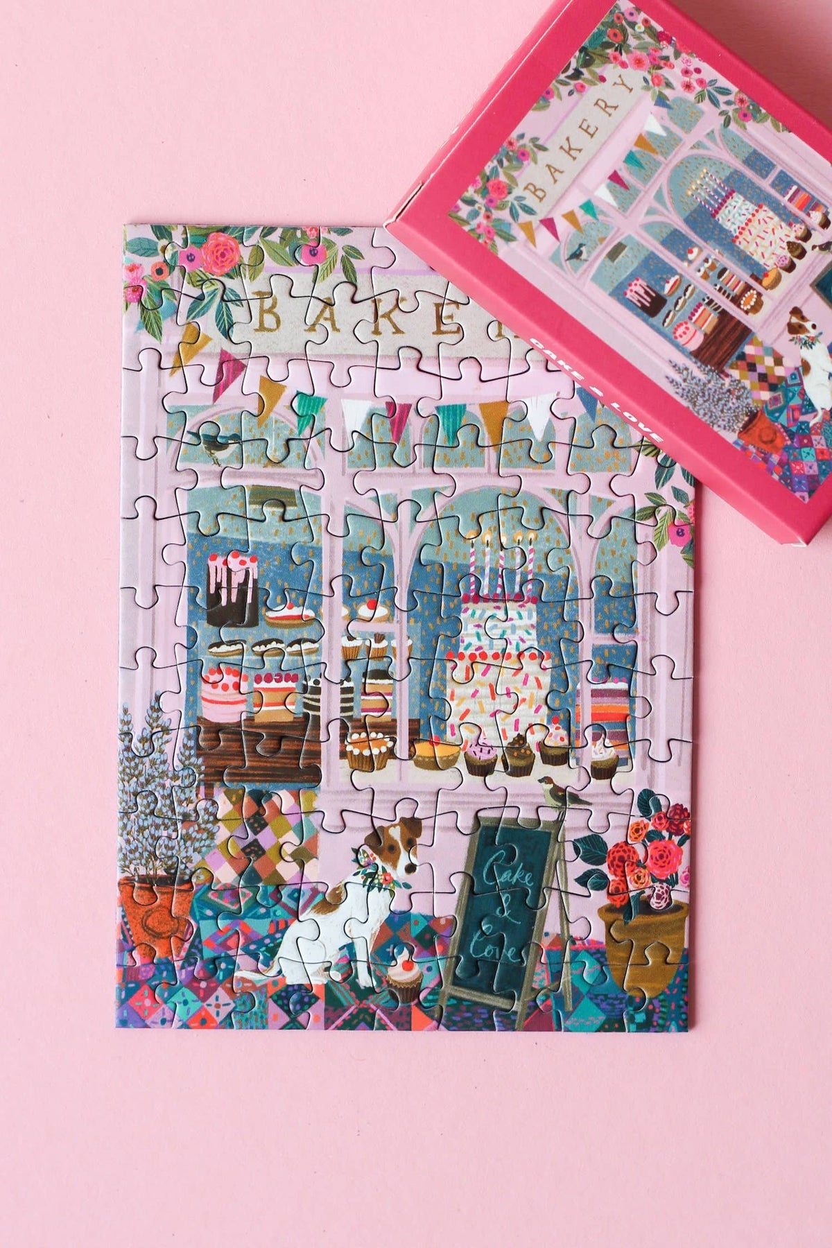 Colorful puzzle with a bakery theme on a pink background