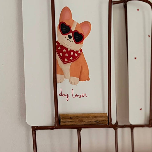 Illustration of a corgi wearing heart-shaped sunglasses and a bandana with 'dog lover' text on a white background.