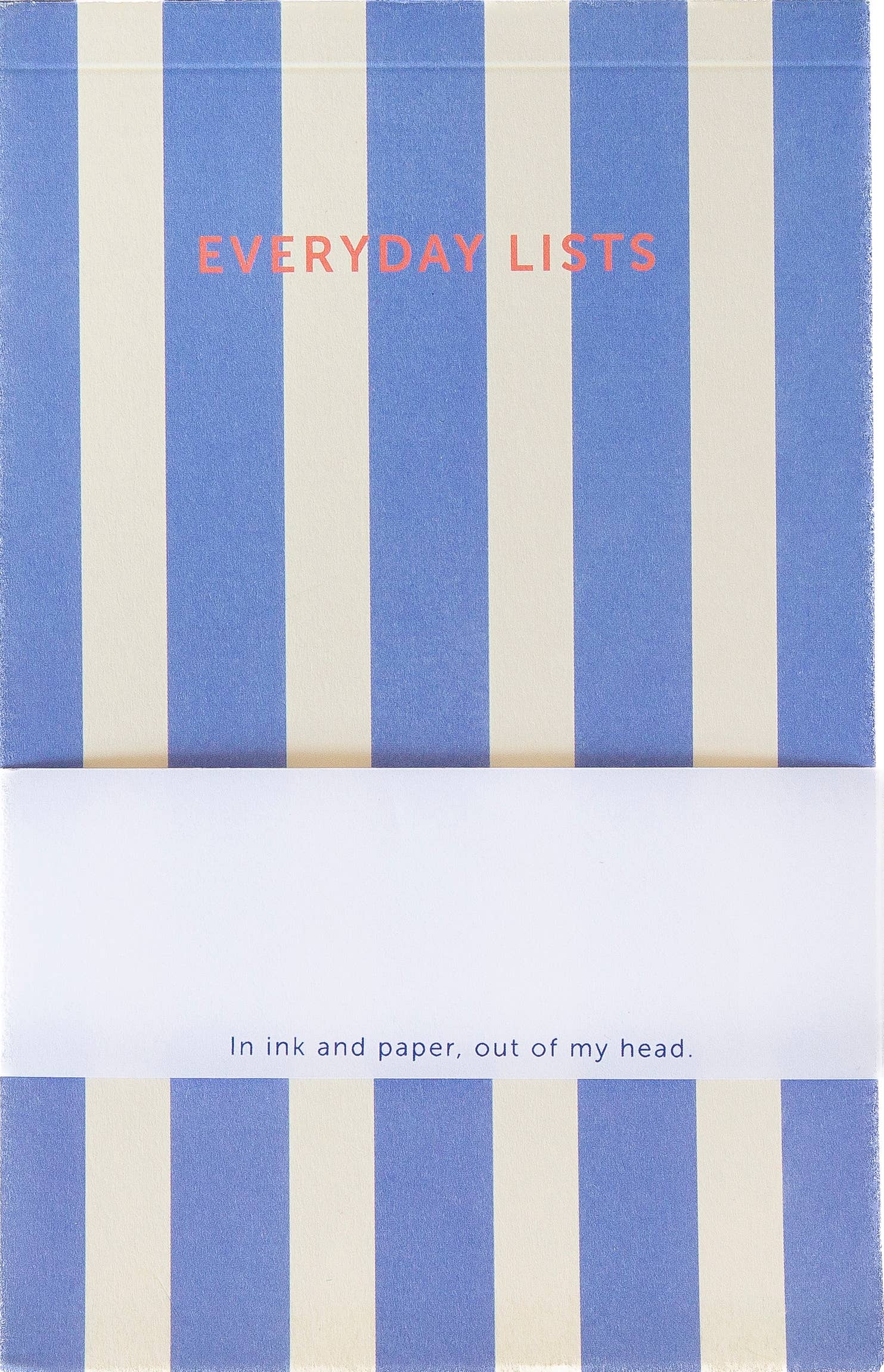 Notebook with blue and white striped cover and 'Everyday Lists' text