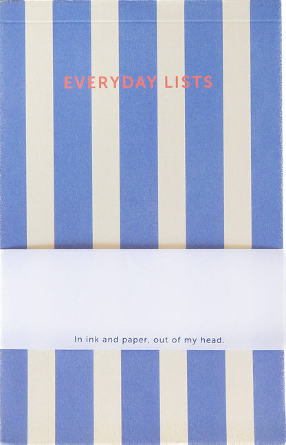 Notebook with blue and white striped cover and 'Everyday Lists' text