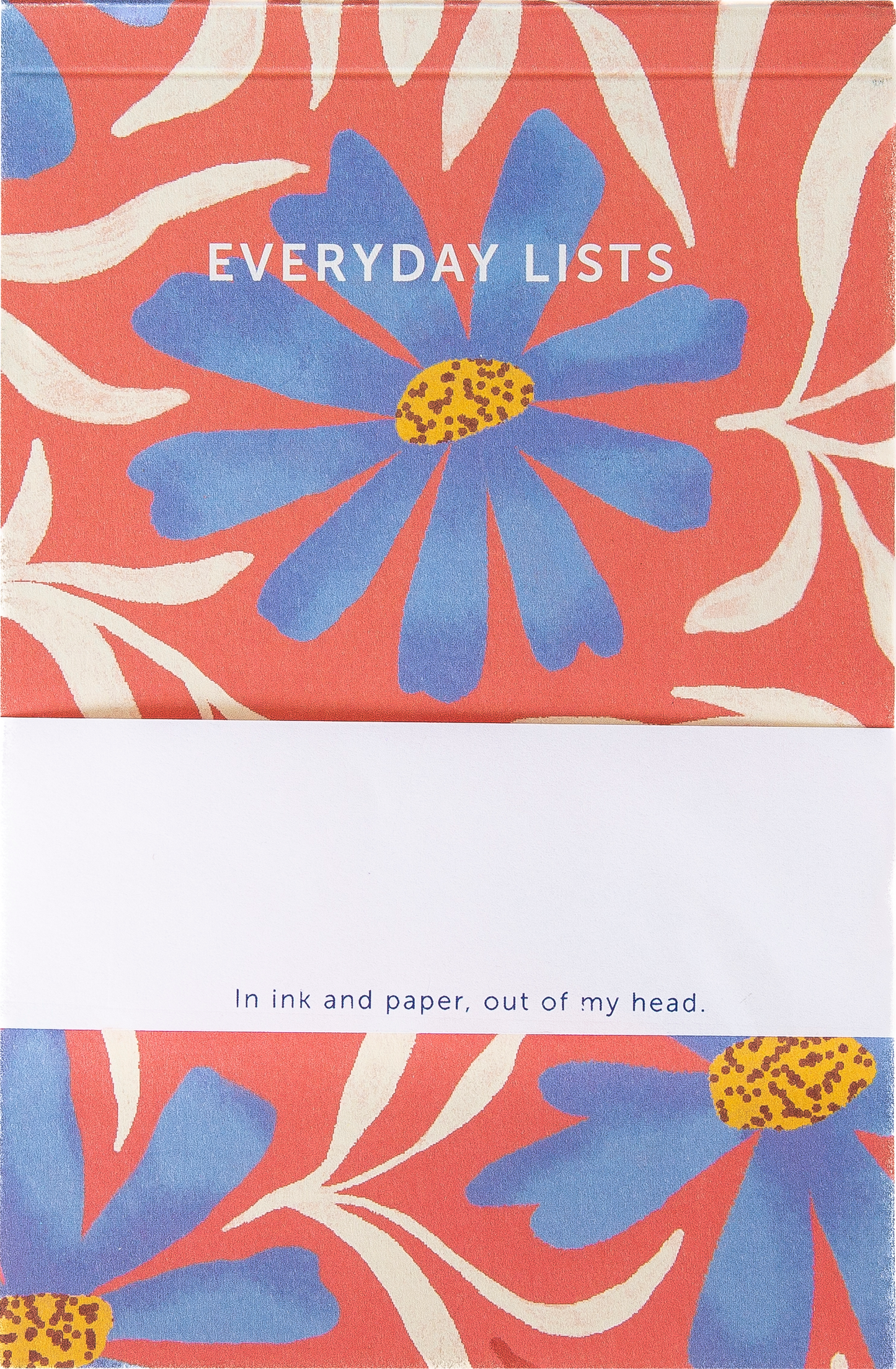 Notebook cover with blue flower design and text 'Everyday Lists' on a red background