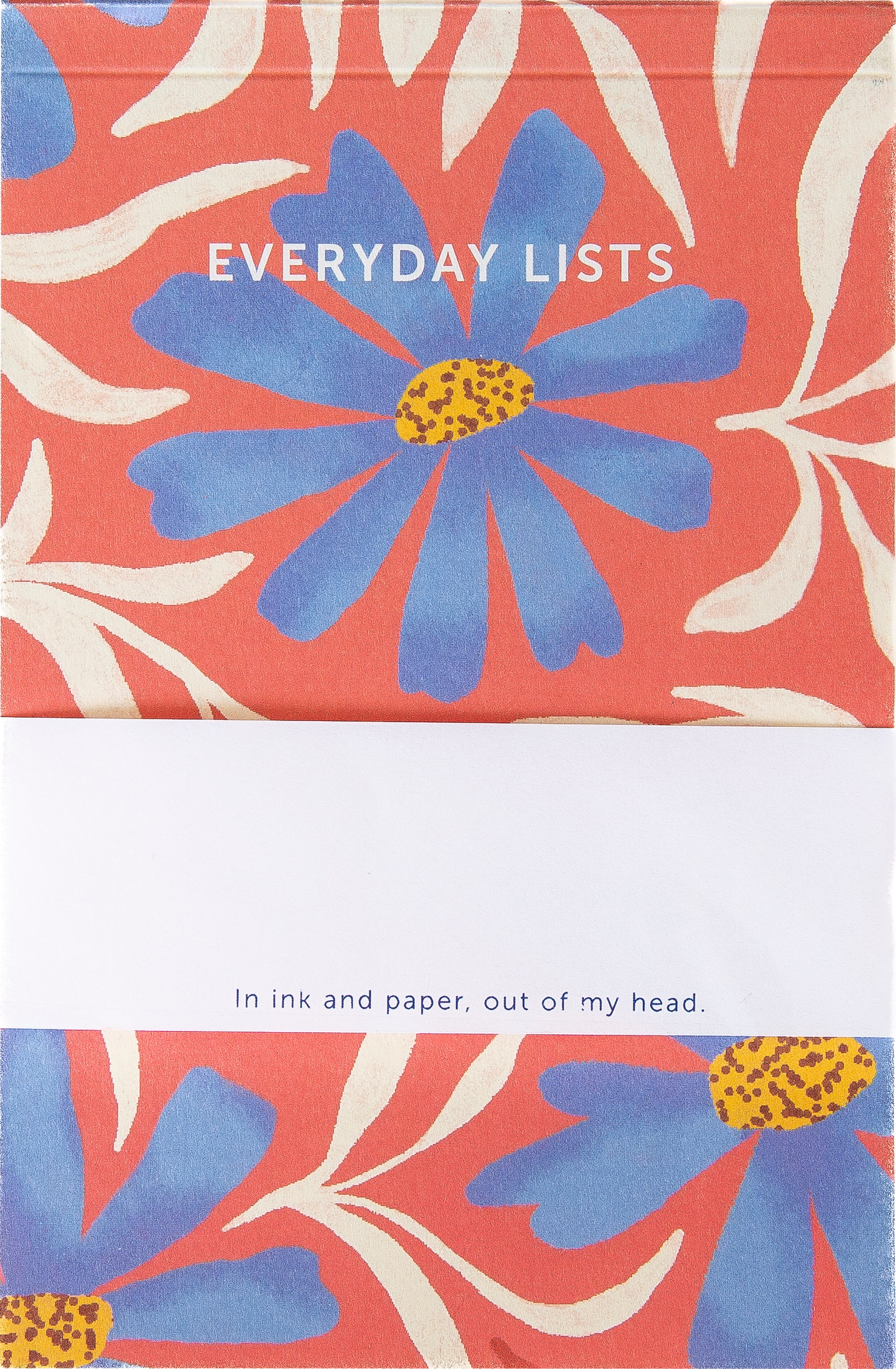 Notebook cover with blue flower design and text 'Everyday Lists' on a red background