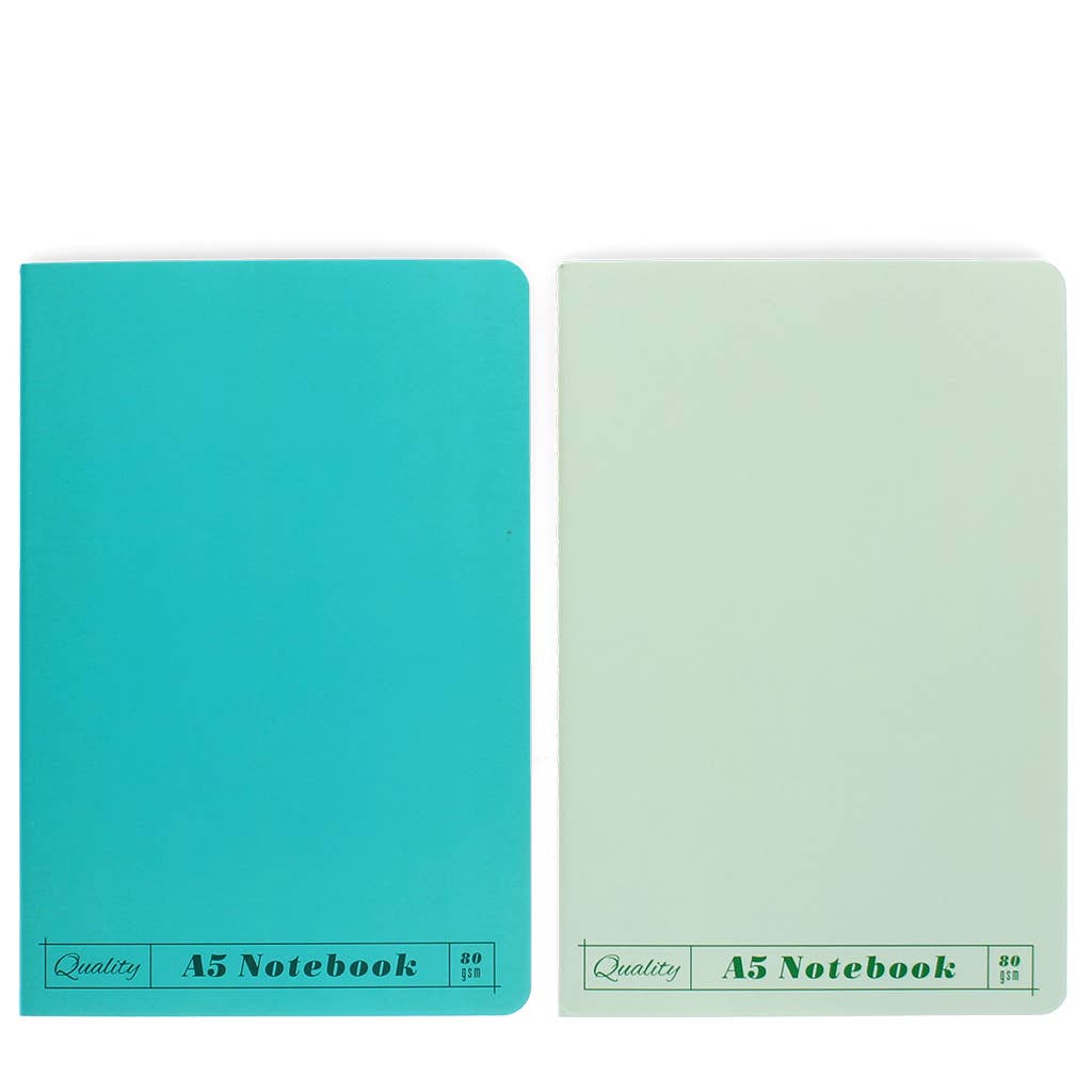 Two A5 notebooks, one turquoise and one light green, on a white background.