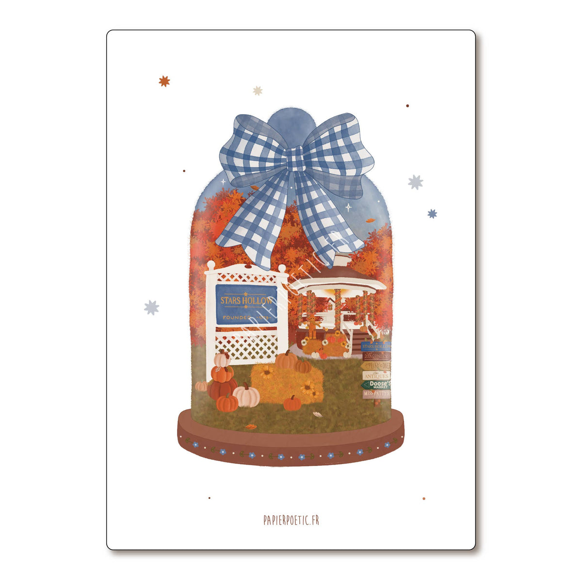 A rectangular art print or card featuring an illustrated autumn scene inside a glass dome with a blue-and-white gingham bow. The scene includes orange and red fall leaves, a carousel, a small building, and pumpkins on a brown base, set against a white background with small scattered star-like dots.