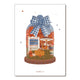 A rectangular art print or card featuring an illustrated autumn scene inside a glass dome with a blue-and-white gingham bow. The scene includes orange and red fall leaves, a carousel, a small building, and pumpkins on a brown base, set against a white background with small scattered star-like dots.