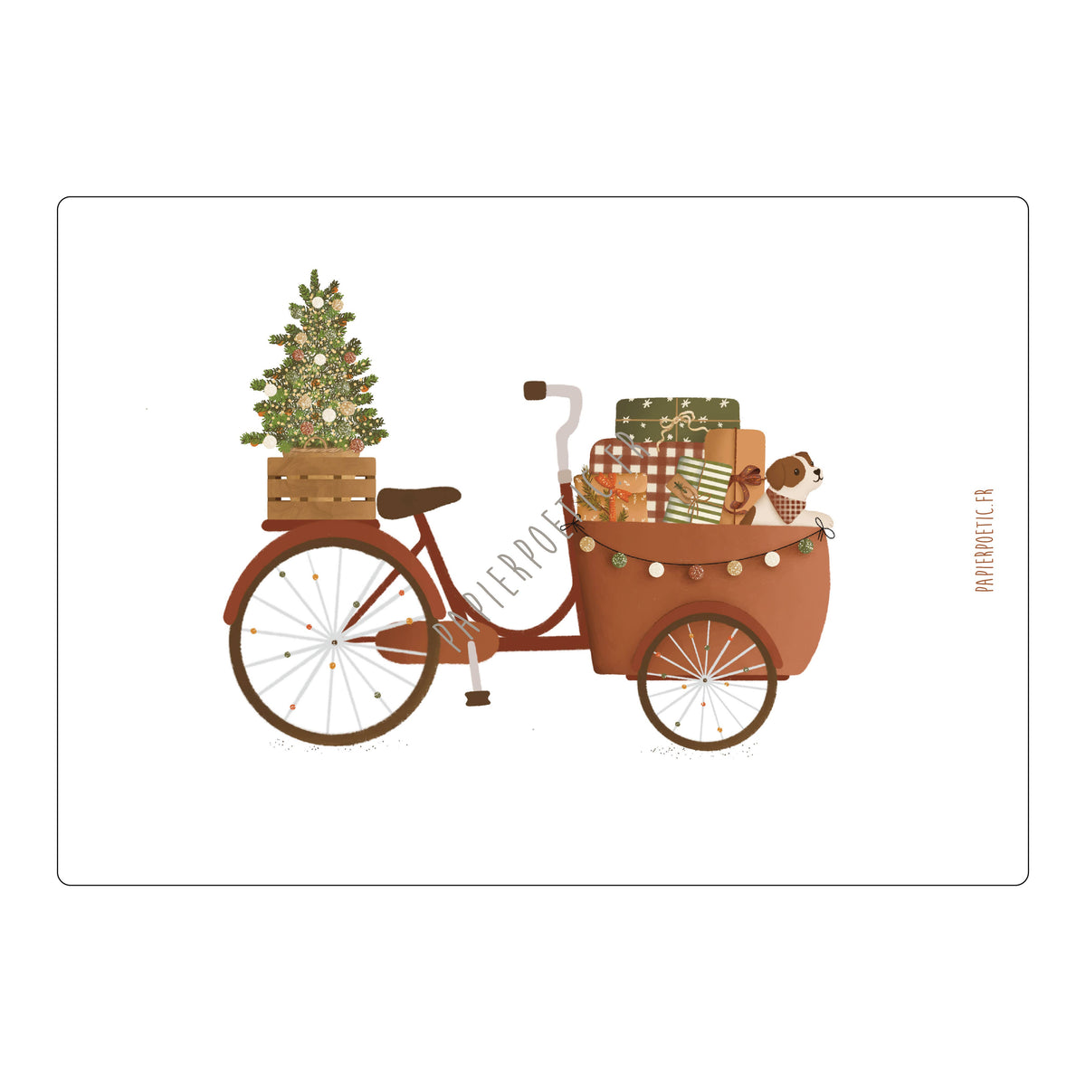 A whimsical illustration of a brown cargo bicycle carrying a decorated Christmas tree, wrapped gifts, and a small dog, shown on a white background with a thin gray border.
