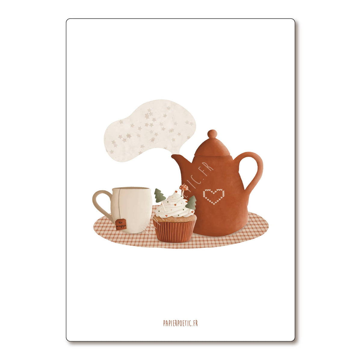 A square wall art print featuring a cozy tea-time illustration with a terracotta teapot, a white mug, a cupcake, and a gingham check mat on a white background. The brand name 'PAPIEROTI.