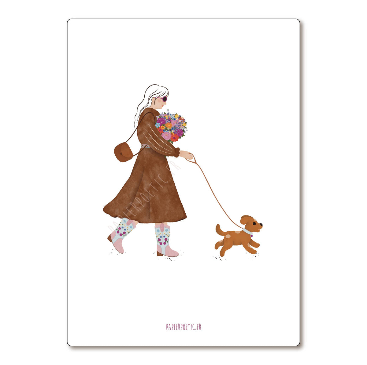 A minimalist watercolor art print featuring a woman in a brown coat walking a small brown dog while holding a colorful bouquet of flowers. The print is presented on a white card with a subtle drop shadow against a white background.