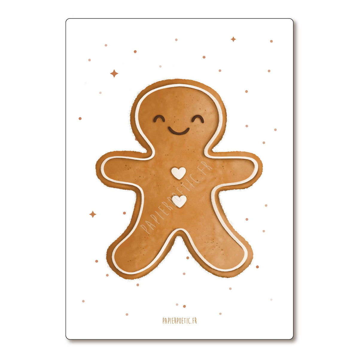 A vertical rectangular art print featuring a cute gingerbread man illustration on a white background, with small gold stars and the text 'PAPIRMESTIK' at the bottom.