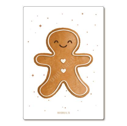 A vertical rectangular art print featuring a cute gingerbread man illustration on a white background, with small gold stars and the text 'PAPIRMESTIK' at the bottom.