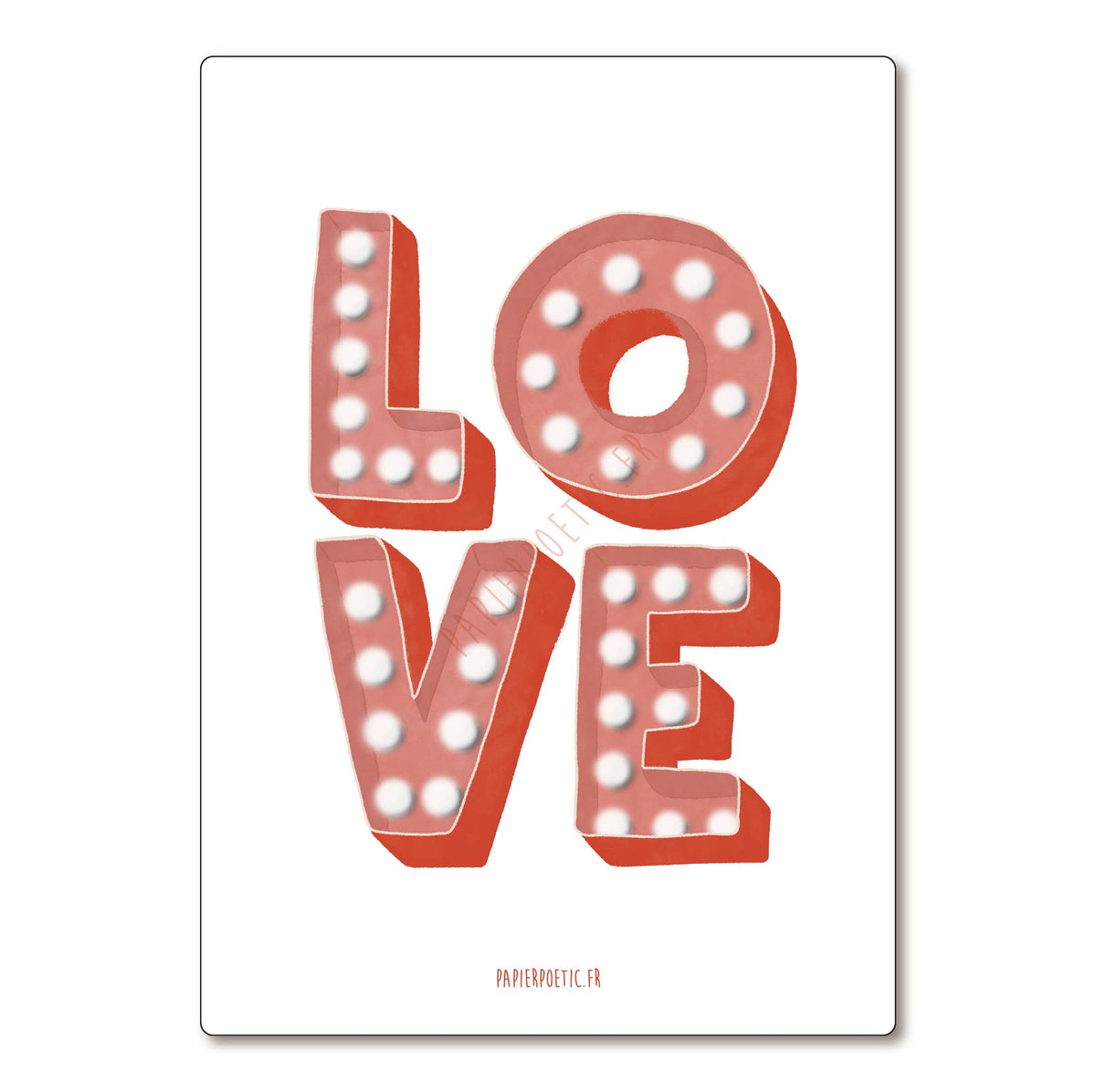 A vertical art print featuring the word 'LOVE' in large, 3D marquee-style letters with white light bulbs, printed in coral red on a white background. Small text at the bottom reads 'PARIHOEOTIC.